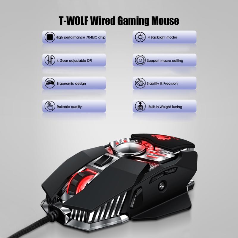 Mice T-WOLF Wired Gaming Mouse V10 Ergonomic Programmable With 7 Buttons 4 Backlight Modes Up To 6400 DPI Keyboard For PC Gamers