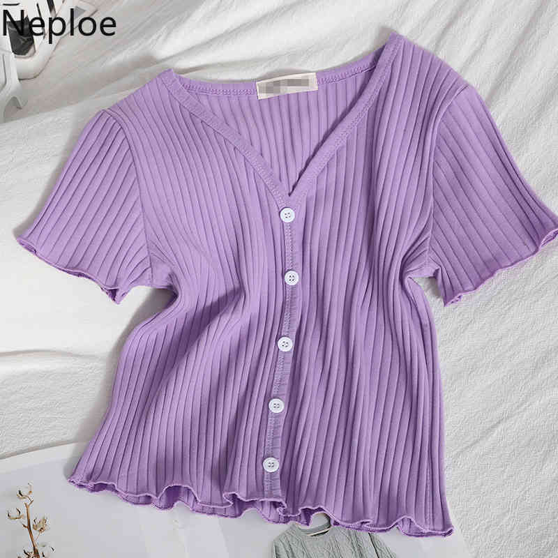 Neploe Shirts for Women Casual Sweet Student Short Sleeve Tops Summer New Korean Style V Neck Ruffles Tshirt Women Tees 210422