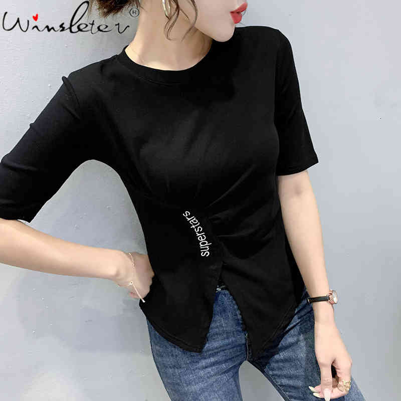 Women's T-Shirt Summer Korean Clothes Cotton Girl Fashion Sexy O-Neck Irregularity Embroidery Letter Split Women Tops Tees 2021 T1, White t shirt
Women's T-Shirt Summer Korean Clothes Cotton Girl Fashion Sexy O-Neck Irregularity Embroidery Letter Split Women Tops Tees 2021 T1, White t shirt