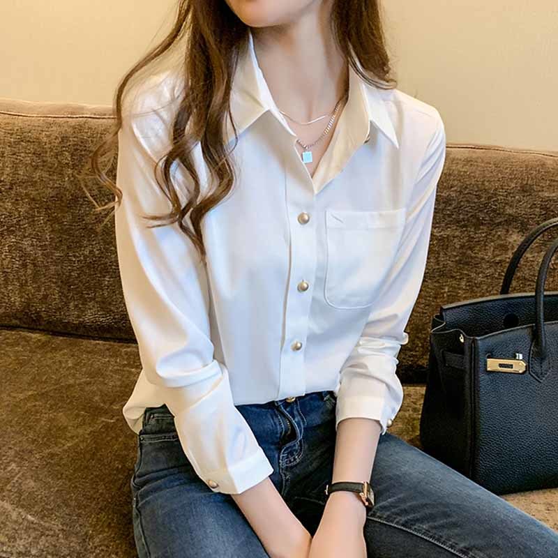 Office Lady Long Sleeve White Chiffon Blouses Women Solid Button Clothing Cardigan Shirts Blusas Mujer 10694 210518