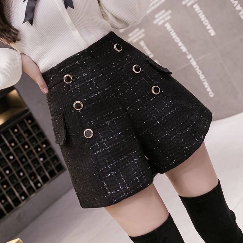 Autumn High Waist Wide Leg Tweed Woolen Shorts Women Black Bright Silk Double-Breasted Button Pantalones Cortos De Muje 210520