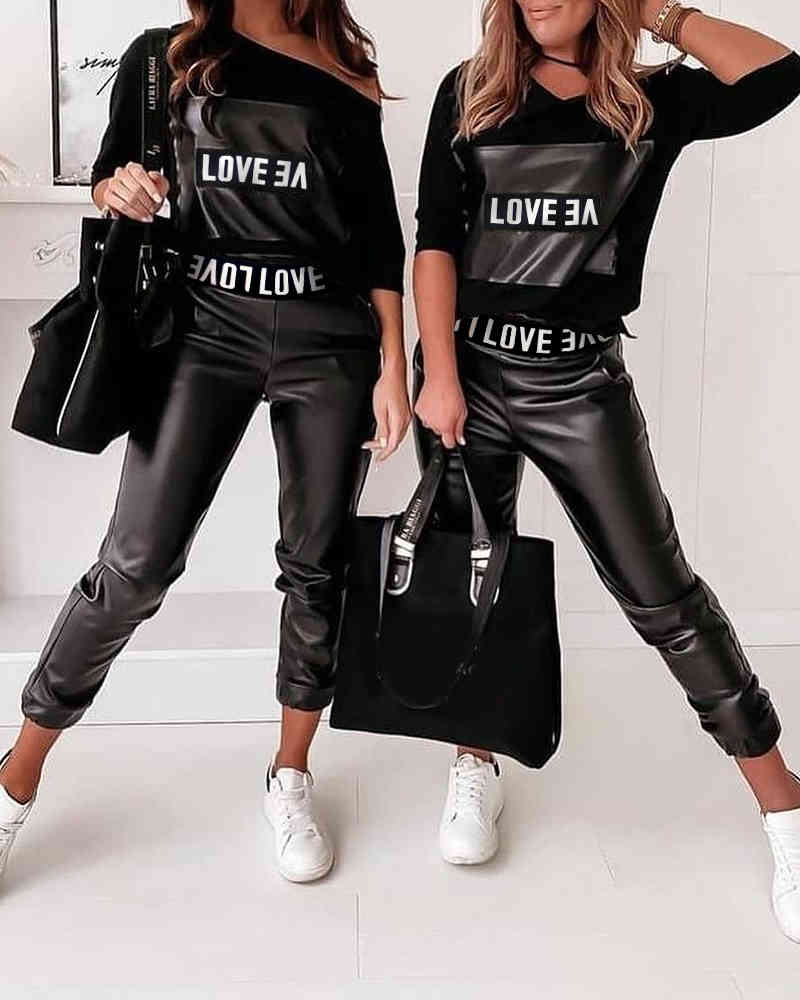 Spring Autumn Women's Letter Print Suit Set Femme Casual Long Sleeve One Shoulder Top & PU Leather Pants Set Ladies Outfit 210415