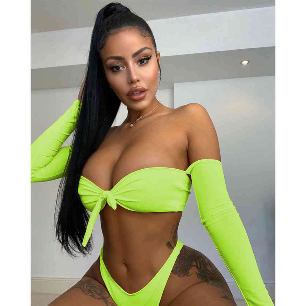 Sexy Bikini Off Shoulder Swimwear Women Long Sleeve Swimsuit Female Bow-Knot Push Up Bathing Suits Beach Wear Swimming Suit 210521