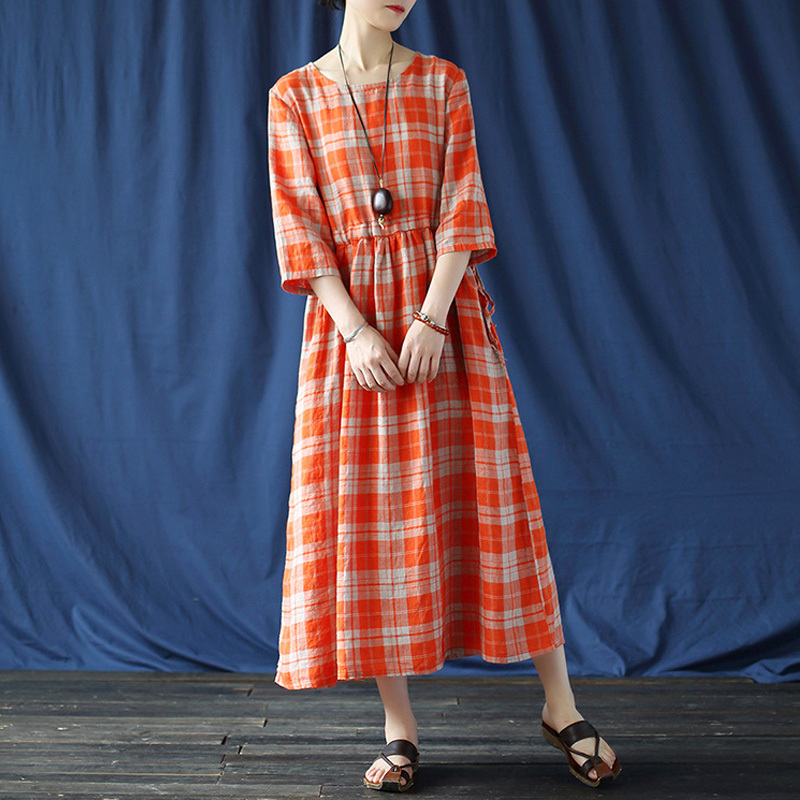 Johnature Women Plaid Dress O-Neck Seven Sleeve Linen Autumn Vintage Belt Female Clothes Pockets Dresses 210521, Orange
Johnature Women Plaid Dress O-Neck Seven Sleeve Linen Autumn Vintage Belt Female Clothes Pockets Dresses 210521, Orange
