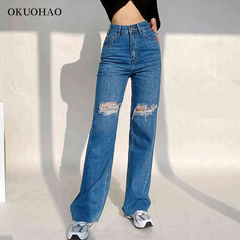 Women's Fashion Jeans High Waist Ripped Wide Leg Loose Denim Trousers For Female Baggy Mom Straight Pants Casual Y2k Jean 211129