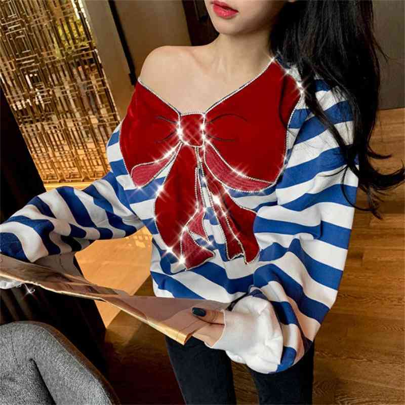 Nomikuma Sexy Strapless Stripe Sweatshirt Korean Beads Bowknot Pullover Jumper Autumn Winter Women Hoodies Tops 6C993 210427