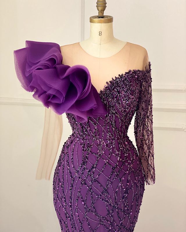 2022 Plus Size Arabic Aso Ebi Purple Mermaid Luxurious Prom Dresses Beaded Tulle Evening Formal Party Second Reception Gowns Dress ZJ566