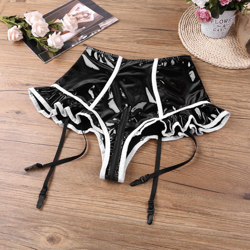 Women Lingerie Sissy Latex Panties Sexy Wet Look Faux Leather Underwear Zipper Open Crotch High Waist Shorts Clubwear Women's