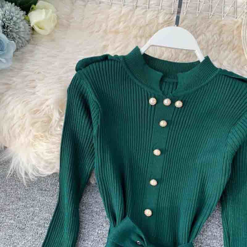 Vintage Slim Button Autumn Winter Knitted Dress Women Casual Long Sleeve Belt Bottoming Sweater Dress Party Bodycon Vestidos 210521