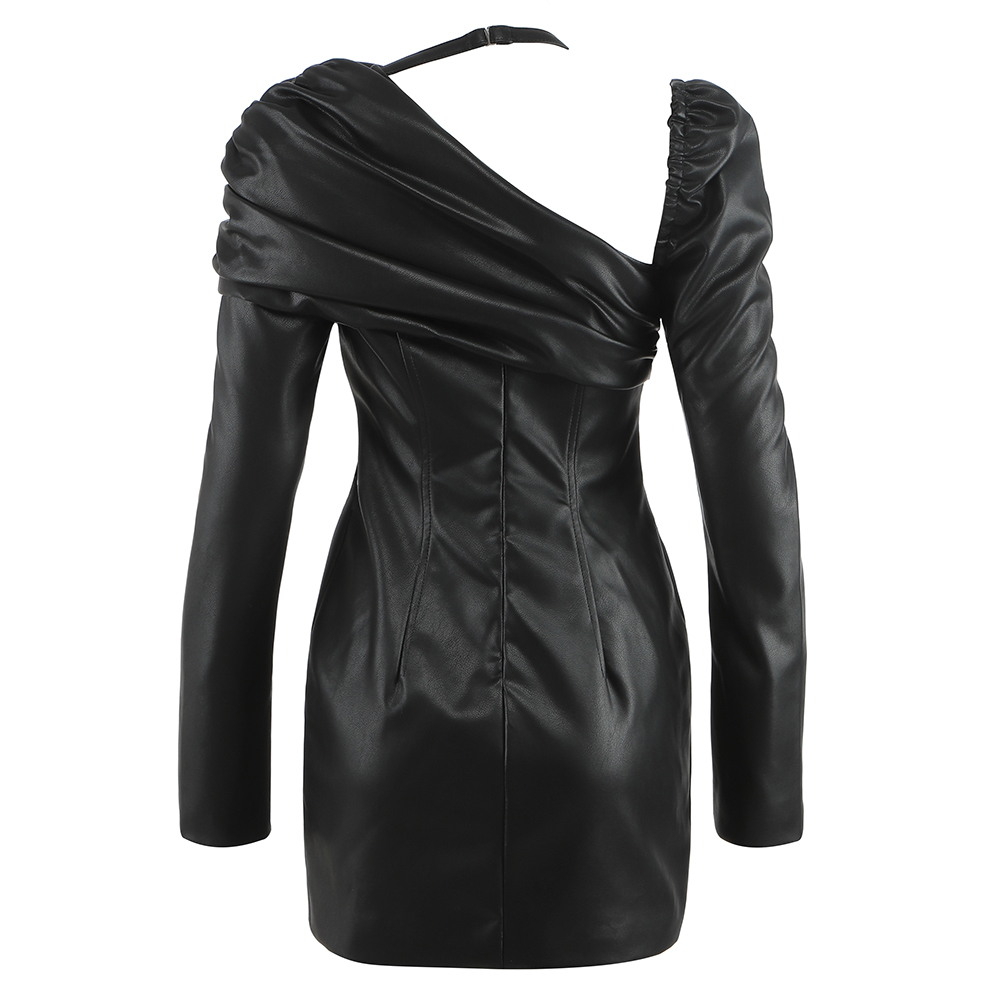 Free Women Chic PU Faux Leather Dress Oblique Collar Puff Sleeve Bodycon Draped Club Night Party Vestido 210524
