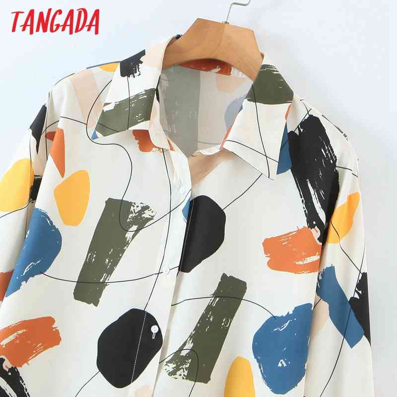 Women Retro Geometry Print Chiffon Shirt Blouse Office Lady Long Sleeve Chic Female Tops SL546 210416