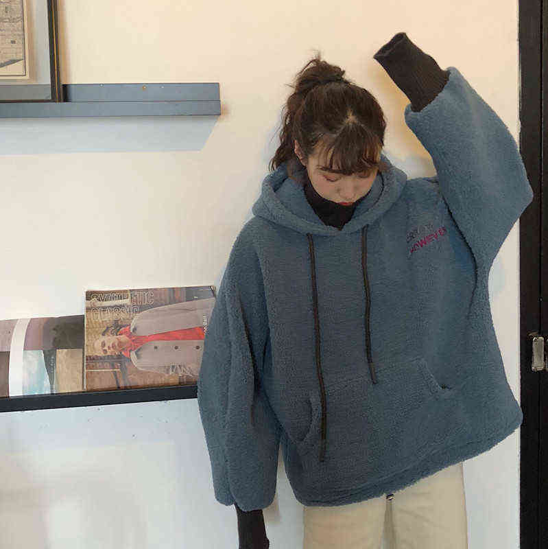 Lamb Plush Women Autumn And Winter Korean Style Long Sleeve Hoodies Cotton Blend Warm Plus Size Loose Casual Woman Tops 211108