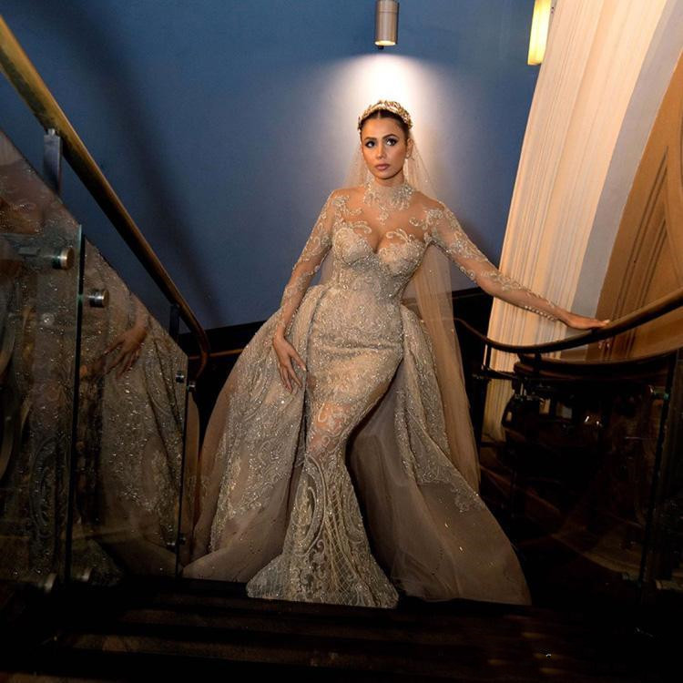 Mermaid Arabic Champagne Wedding Dresses With Detachable Train High Neck D Lace Long Sleeves Muslim Bridal Gowns Bg Robe De Marie 6660306