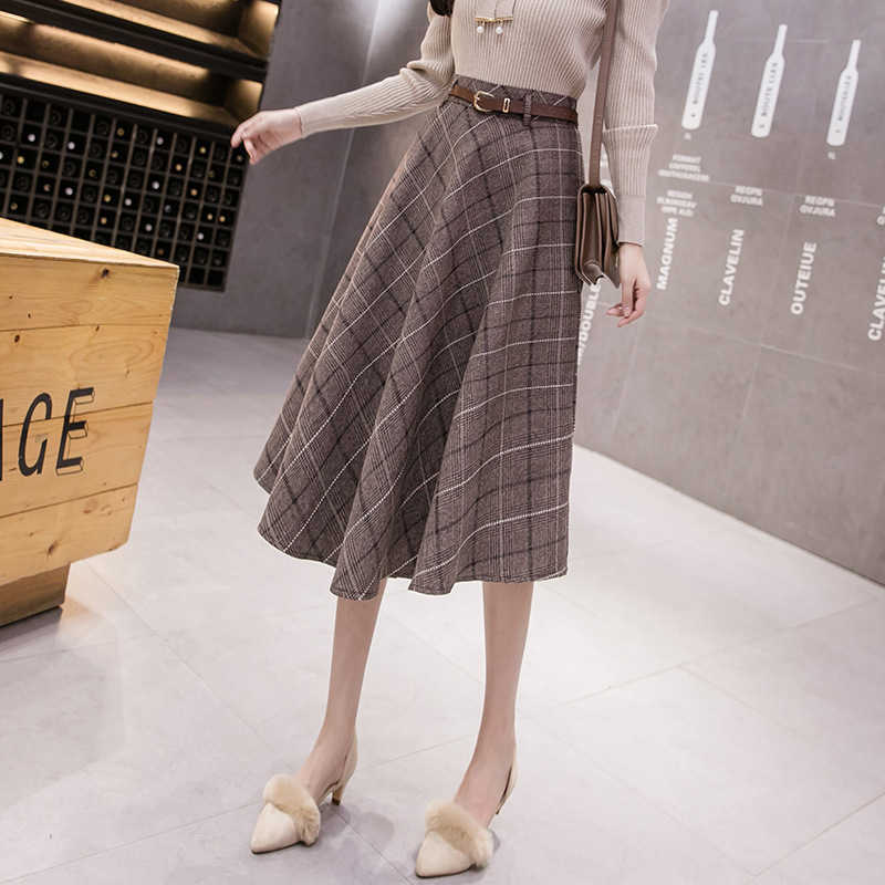 High Waisted Woolen Skirt Women' Mid Plaid A-line Umbrella Skirt Women For Autumn Winter Long Skirts Women With Belt 211119