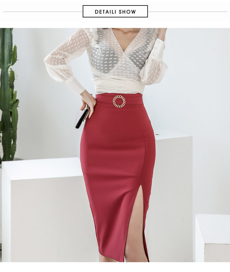 Elegant OL Style 2 Pieces Set V-Neck White Bow Chiffon Blouse & High Waist Pencil skirt Spring Office Ladies Women 210519