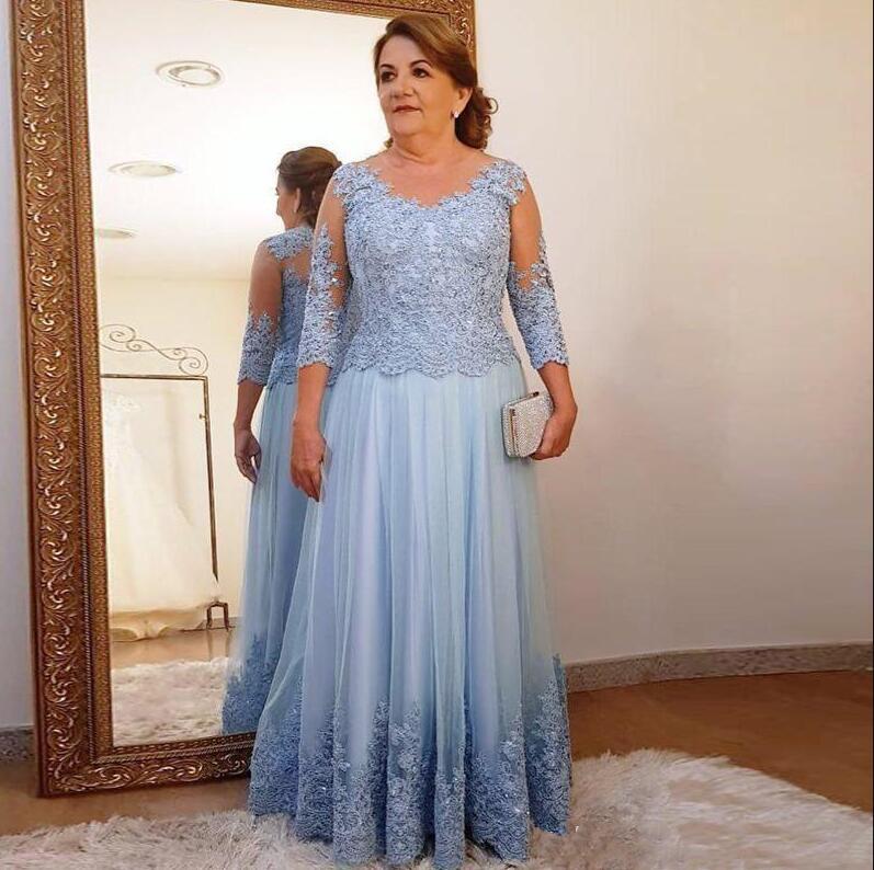 Plus Size Of The Bride A-E 3/4 Sleeves Tulle Appliques Beaded Groom Long Mother Dresses For Weddings Lz0304