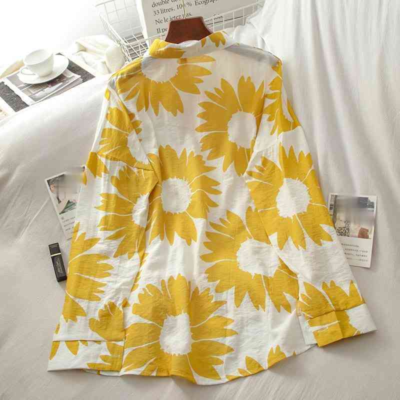 Kimutomo Fashion Yellow Floral Print Blouse and Shirt Women Spring Fresh Style Turn-down Collar Long Sleeve Top Casual 210521
