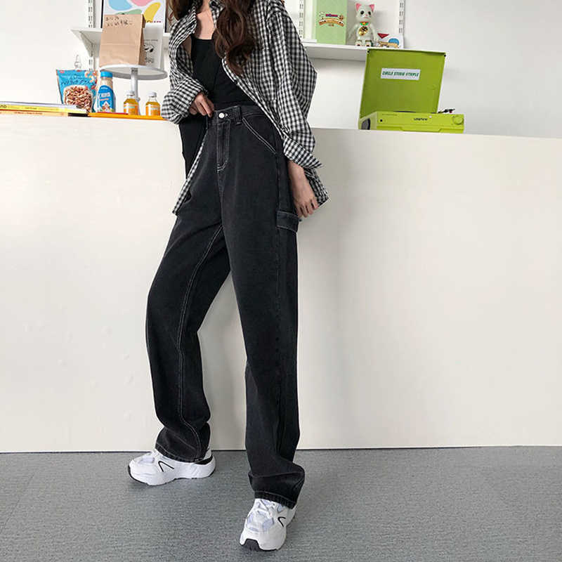 Jeans For Women Back Loose High Waist mom Large Size Straight pants Long Wide Leg streetwear 210922