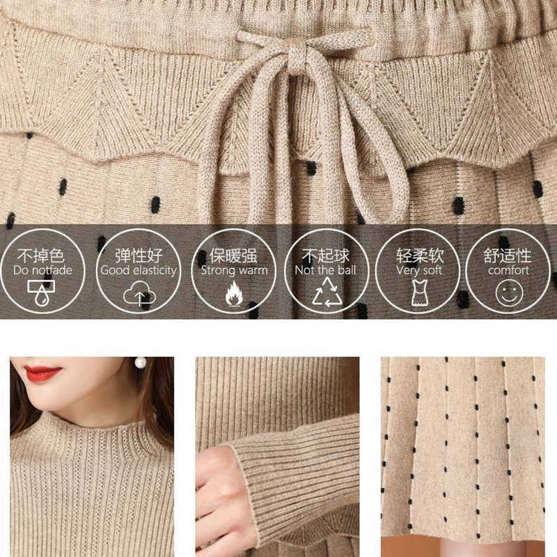Chic Long Knit patchwork Women dot printed Sweater Dress Thick Warm Winter Dress Female Rib Turtleneck A Line Dress Office Lady 210729