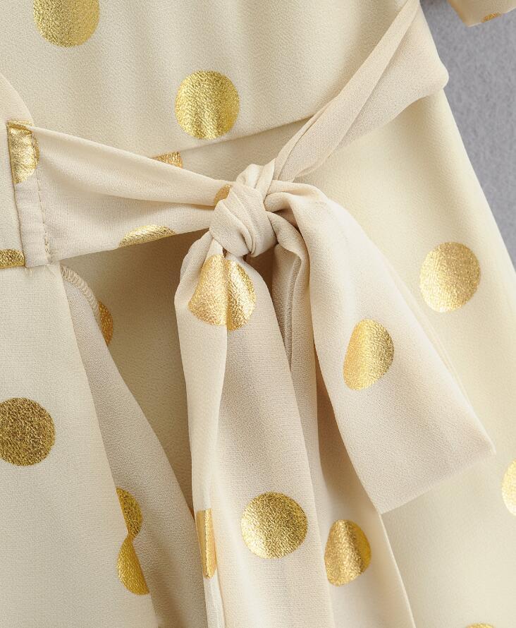 Vintage France V neck Bronzing Gold Polka Dot Wrap Dress Holiday Woman Tie Bow Waist Short Sleeve Slit Midi Tea Dresses 210429