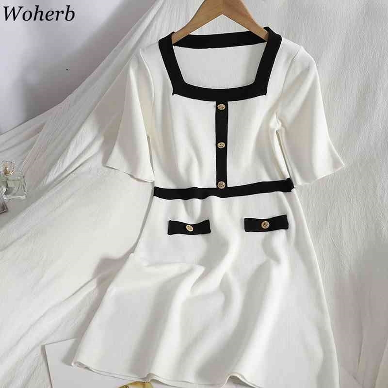 Knitted Dress for Women Fashion Buttoned Contrast Color Square Collar Vestidos Short Sleeve Elegant Bodycon Dresses 4j618 210519