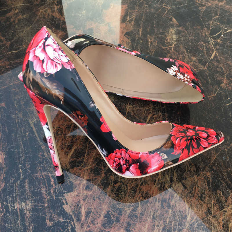 Red black flower pointed toe ladies pumps shallow women 12cm high-heeled sexy wedding party shoes QP061 210629