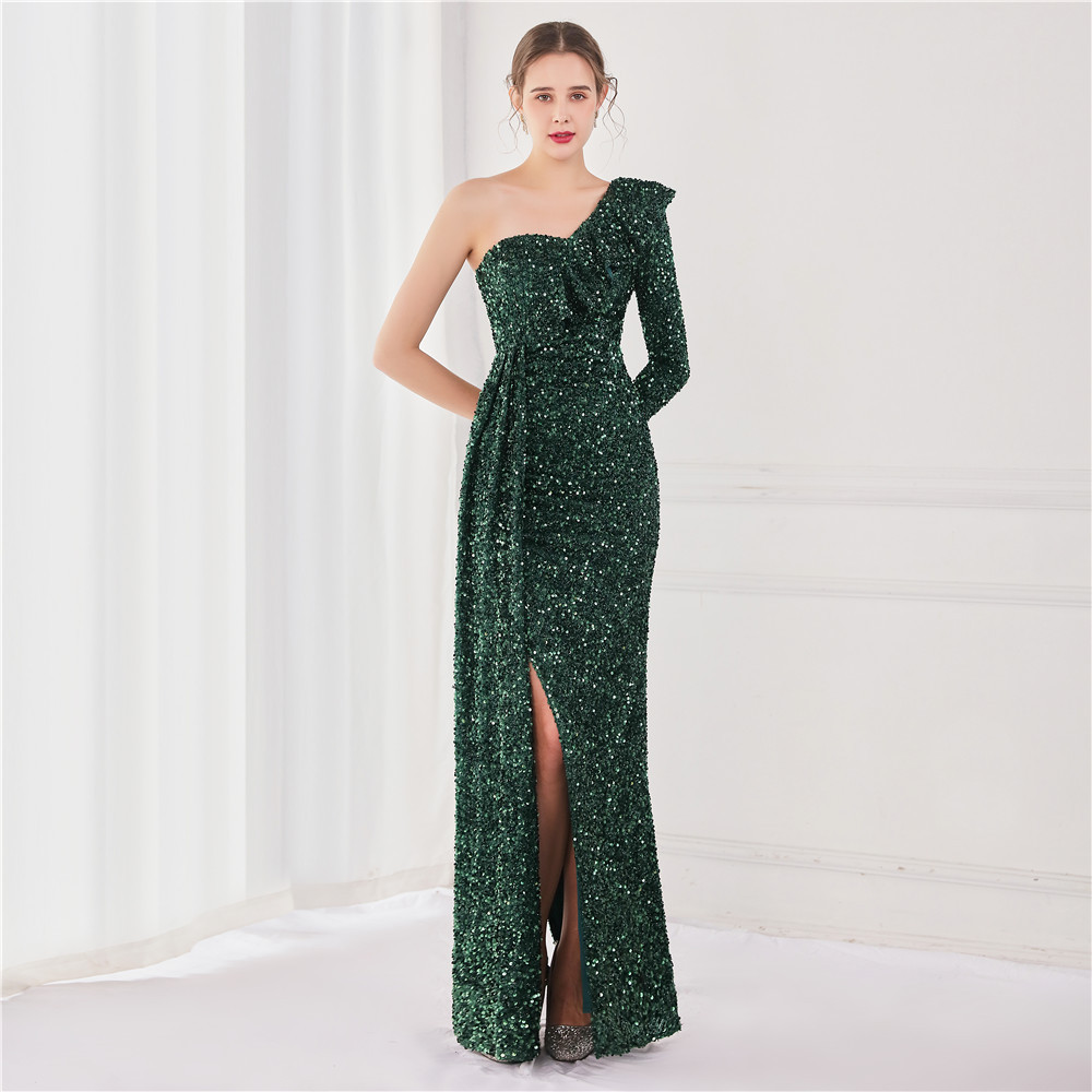Sexy Evening Dresses One-Shoulder Sequins Race Ruffle Women Formal Stunning Floor Length Prom Dress Robe De Mariée Custom Made