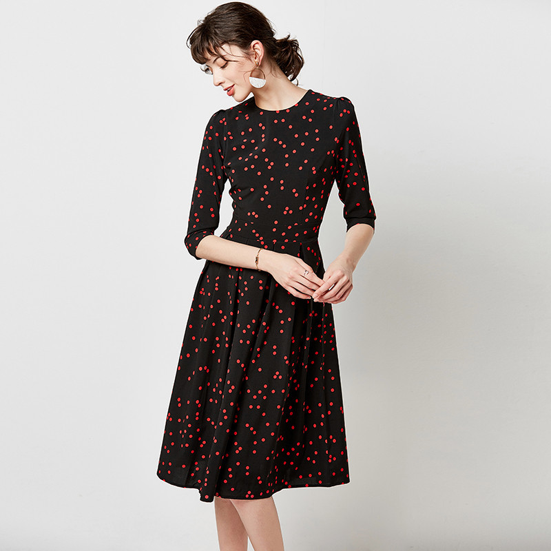 Women Vintage Dot Print Dresses Elegant Three Quarter Sleeve Office Casual O Neck Midi Tunic Pleated 210508