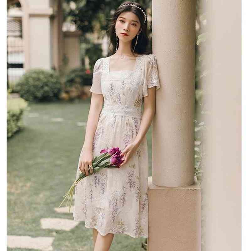 Sweet Vintage Midi Dress Women Casual Short Sleeve Elegant Lace Foral Dress Female Evening Party Chic Dress Korean 210521