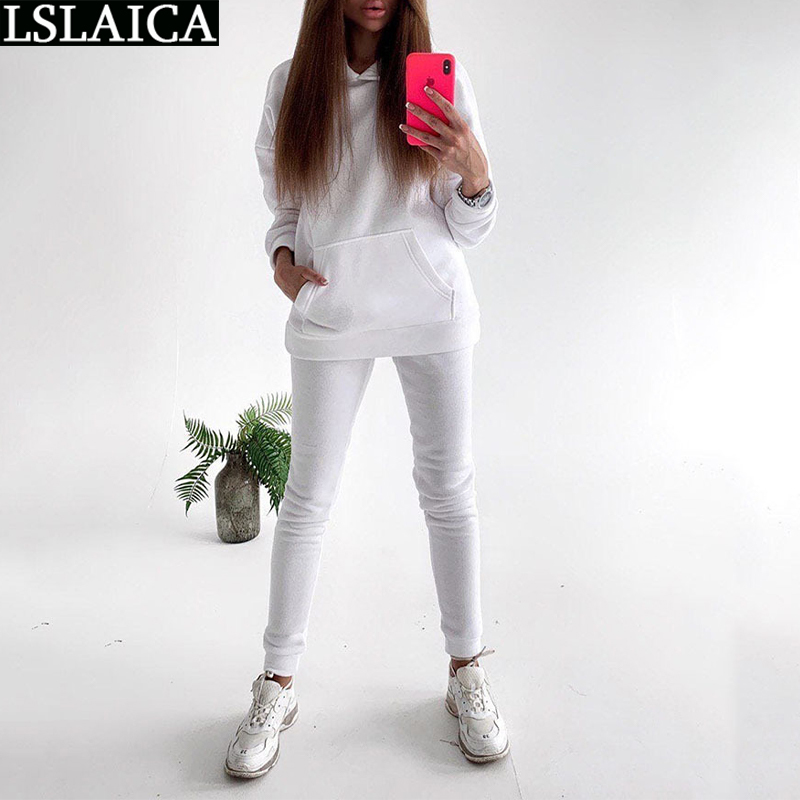 Casual Tracksuit Women Two Piece Set Hooded Long Sleeve Pocket Tops Full Length Pants Autumn Solid Sportswear Clothing 210520