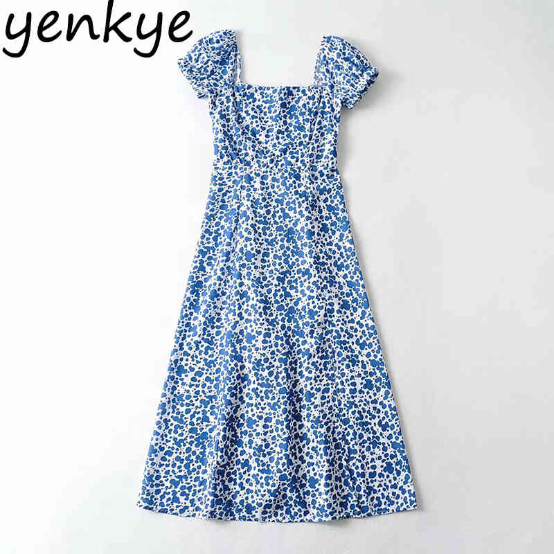 YENKYE Green Floral Print Dress Women Square Neck Sexy Slits Prairie Chic Vestido Mujer Puff Sleeve Holiday Summer Long Dress 210515