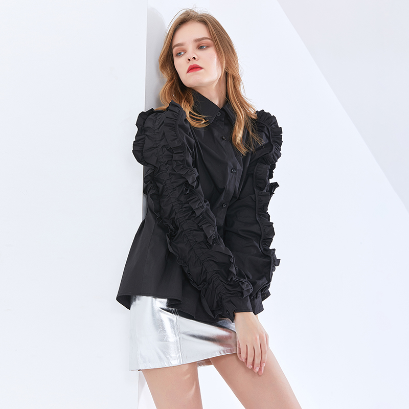 Elegant Solid Shirt For Women Lapel Ruffle Sleeve Tunic Minimalist Blouse Female Fashion Clothing Spring 210524