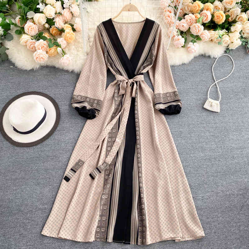 Spring Autumn Women Printed Long Dress Vintage Puff Long Sleeve High Waist A-Line Vestidos Female New Fashion Beach Robe 210409