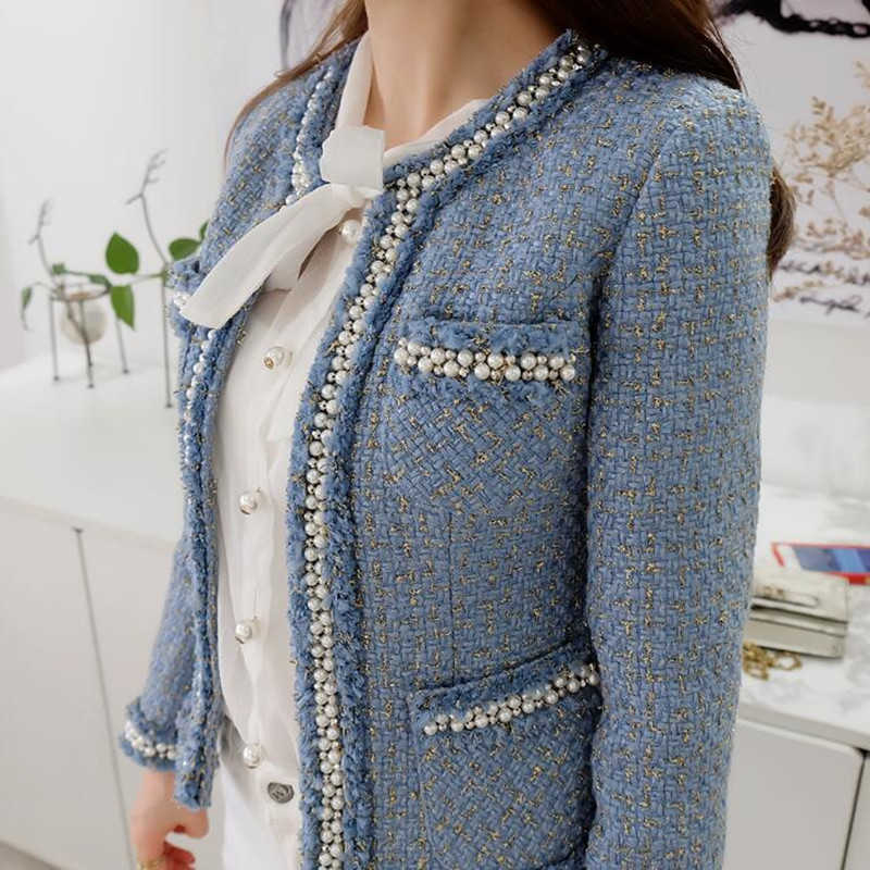 Blue Tweed Jacket Coat Autumn Women's Beading Long Sleeve Woolen Fringed Trim Tassels Pearl Pocket Runway Jacket T200831
