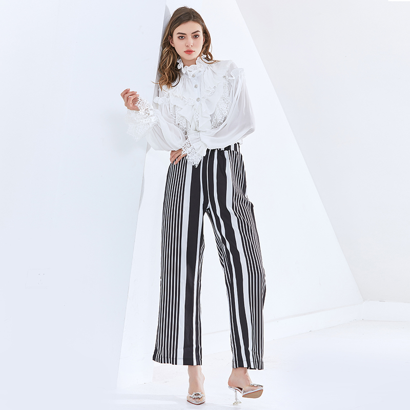 Elegant Ruffle Shirt For Women Stand Collar Flare Long Sleeve Patchwork Lace Black Blouse Female Spring 210524