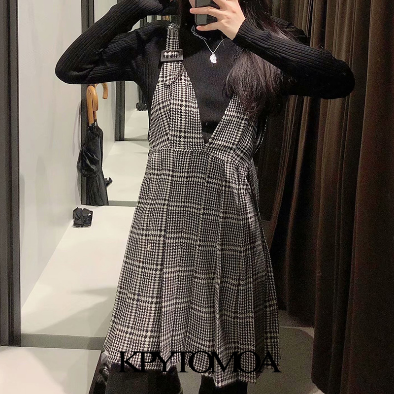 Women Fashion Pleated Houndstooth Pinafore Skirt V Neck Side Zipper Adjustable Straps Female Skirts Mujer 210420