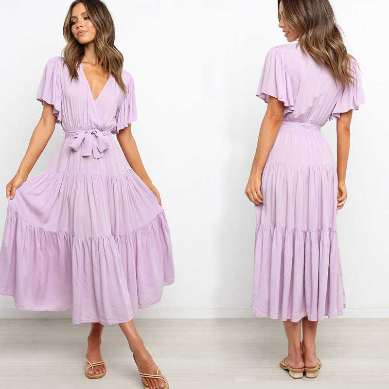 Ruffle Long Beach Dress Women Summer Floral Printed Boho Maxi es With Belt Female A Line Butterfly Short Sleeve Party 210526