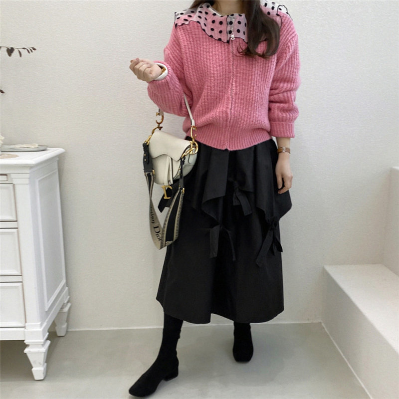 Black Bow Loose Elastic-Waist Solid High Waist A-Line Sweet Bottoming Brief Elegant Women OL Sexy Long Skirts 210421