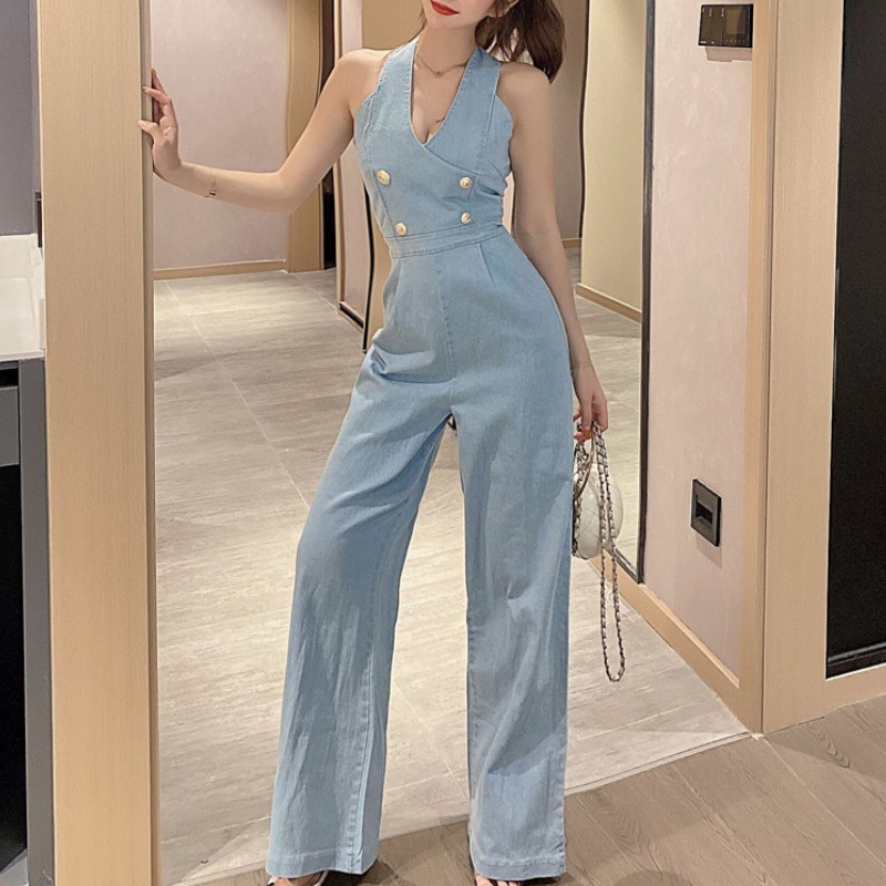 High quality Summer Women Sleeveless Denim Jumpsuit Sexy Deep V Neck Wide Leg Overall Korean Style Button Backless Long Rompers 210519