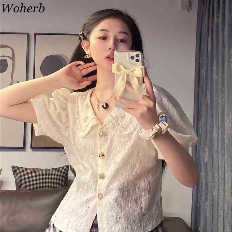 Korean Vintage Women Blouses Shirt Summer Puff Sleeve Single Breasted Tops Elegant Ladies Fashion Blusas Mujer 210519