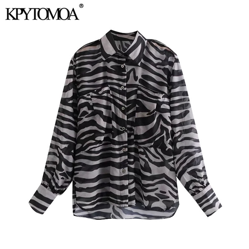 Women Fashion Semi-Sheer Zebra Print Loose Blouses Long Sleeve Pockets Female Shirts Blusas Chic Tops 210420