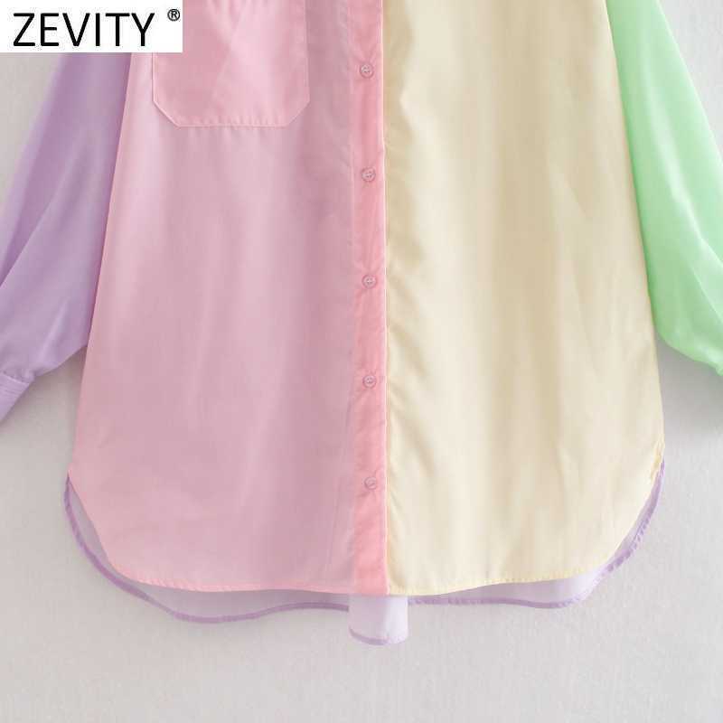 Zevity Women Sweet Candy Color Patchwork Oversize Shirts Female Long Sleeve Single Pocket Blouse Roupas Chic Blusas Tops LS9406 210603