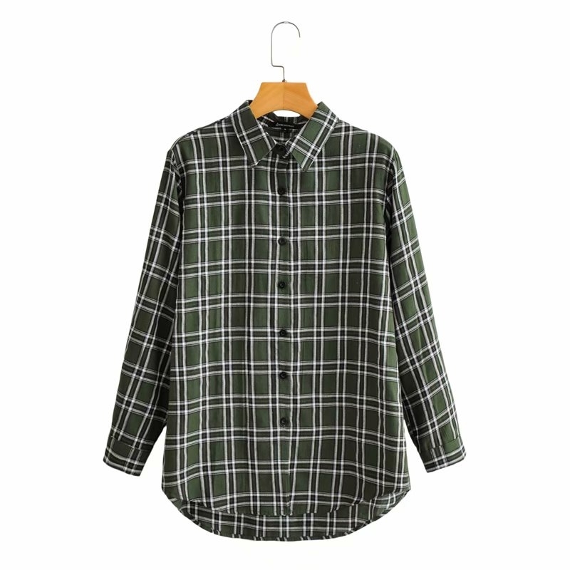 Streetwear Women Green Plaid Shirts Fashion Ladies Turn Down Collar Tops Vintage Female Chic Cotton 100% Blouses 210430