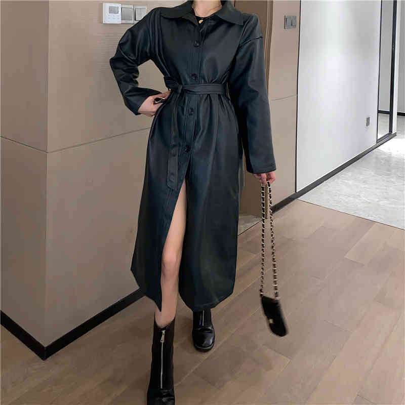 Lace Up Leather Long Handsome Women's Coat Elegant Loose Female Trench With Belt Fashion Single Breasted 210506