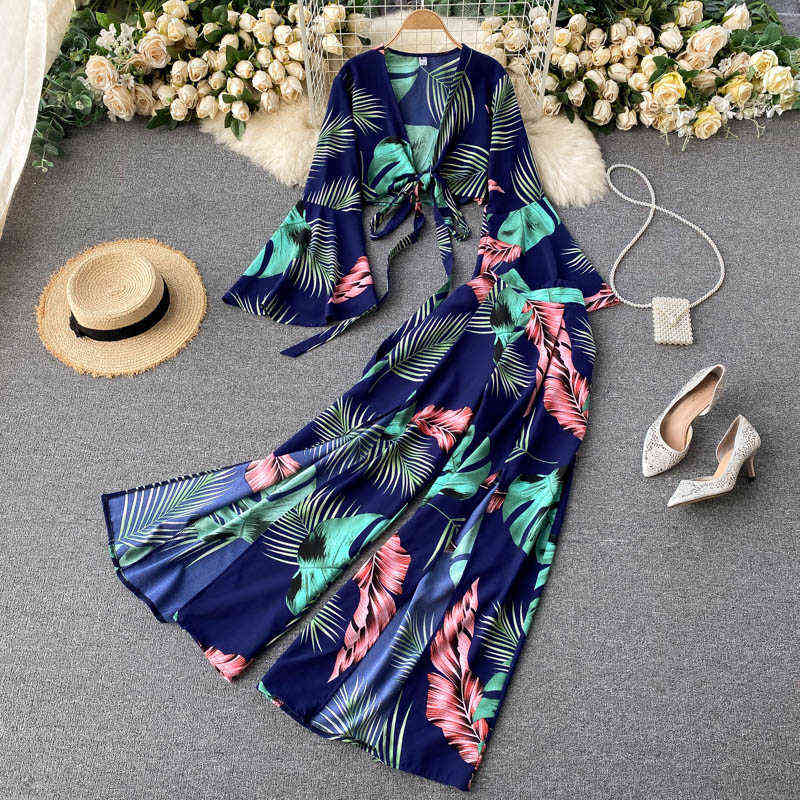 Bohemian Vacation Beach Two Piece Set Women Sexy V-Neck Bandage Short Tops + High Waist Split Wide Leg Pant Suit Spring Autumn 211106
