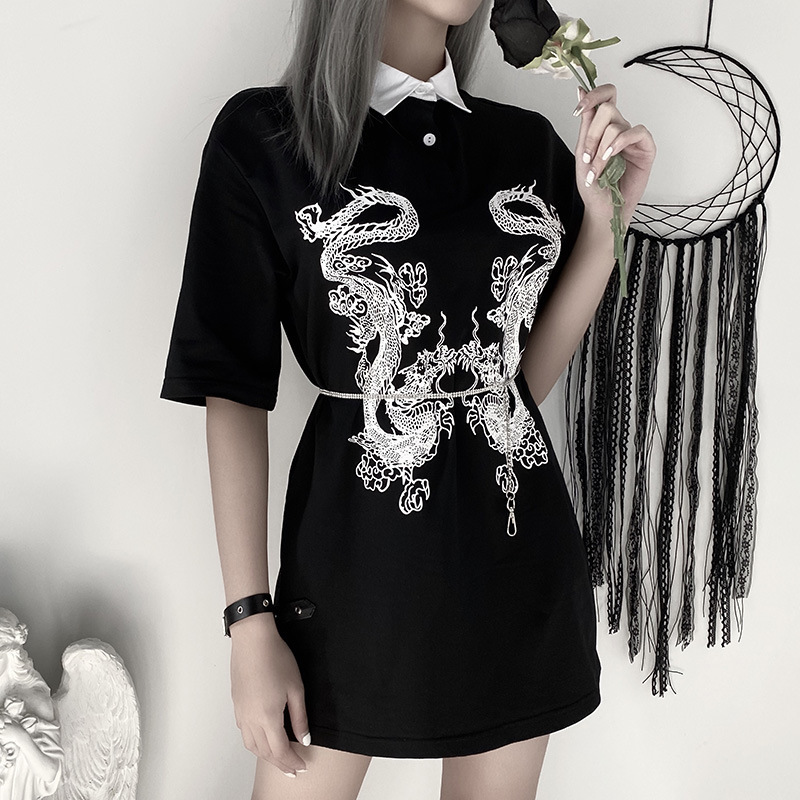 Mujer Camisetas Harajuku Punk Women Clothing Dragon Print Femme T-Shirts Vintage Black Gothic Clothes Long Loose Tops 210406