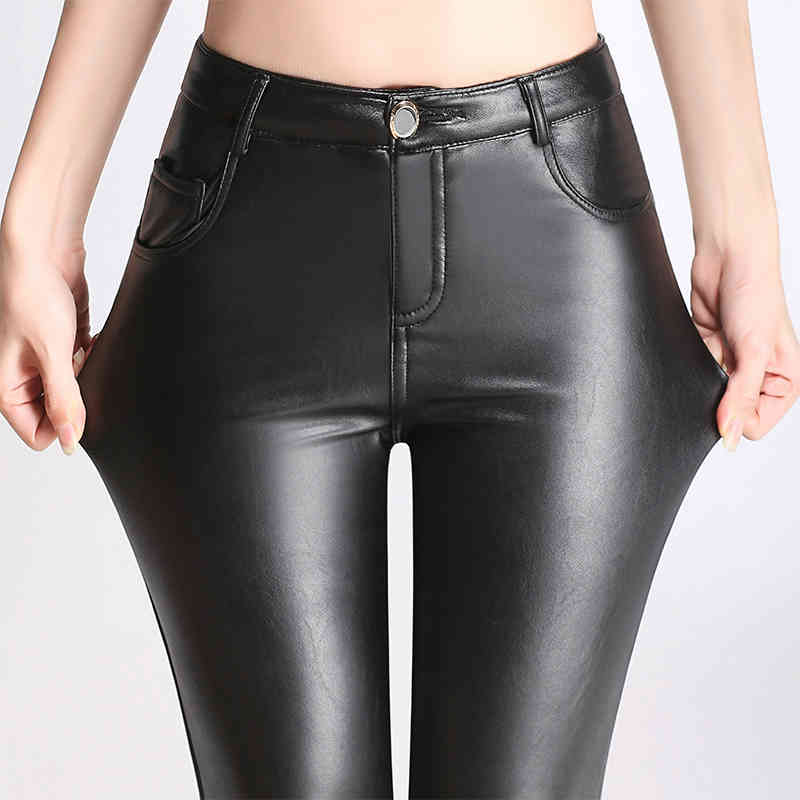 Leather Pants Women PU Abdomen Trousers Autumn Winter Korean Velvet Leggings Pencil Black Mid Tight 210428
