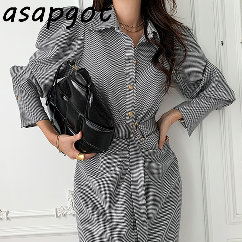 Chic Korean Temperament Office Lady Puff Long Sleeve Lapel Single Breasted Plaid Dress Women with Belt Pleated Retro Autumn 210429