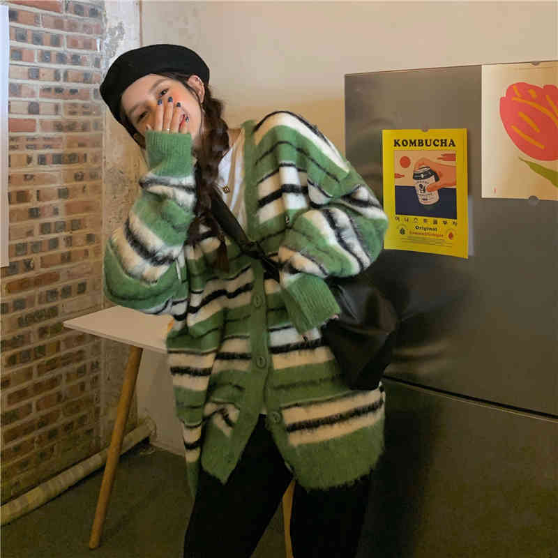 Wonder Striped Ugly Sweater Cardigan Winter Mohair Female Casual Korean Button-down Coat Women 210510