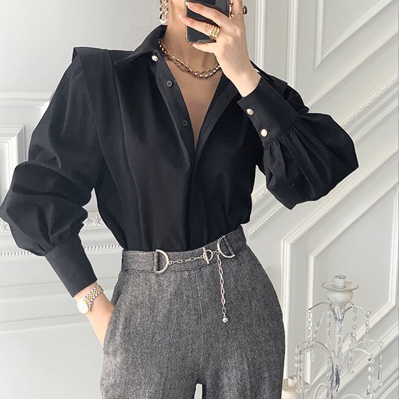 Turn-down Collar Solid Female Clothing Tops Spring Autumn Shirts Women Chic Vintage Loose White Blouse for 12872 210508